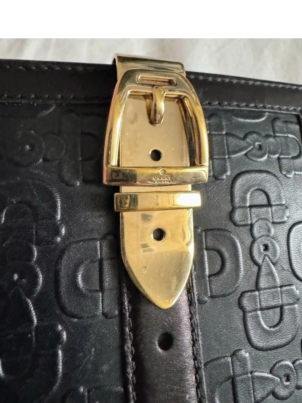 Gucci Horsebit Embossed Black Leather Compact Wallet Gold Buckle Vintage